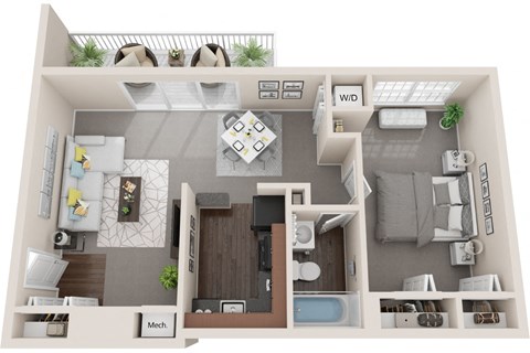1 bed 1 bath, 673sf 3d floor plan  at Kenilworth at Charles Apartments, Towson, 21204